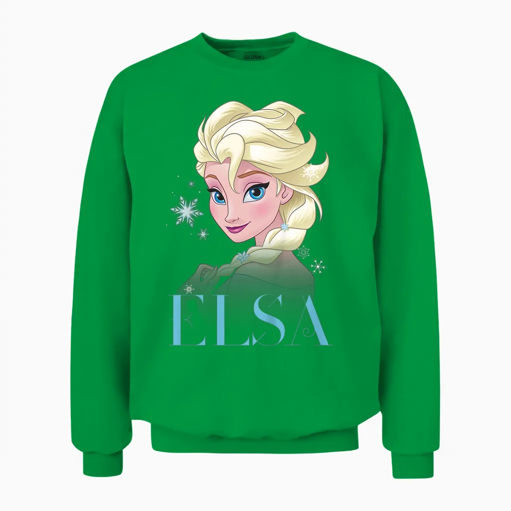 Children's Frozen Elsa Snowflake Portrait T-Shirt, White Unisex Sweatshirt in Irish Green