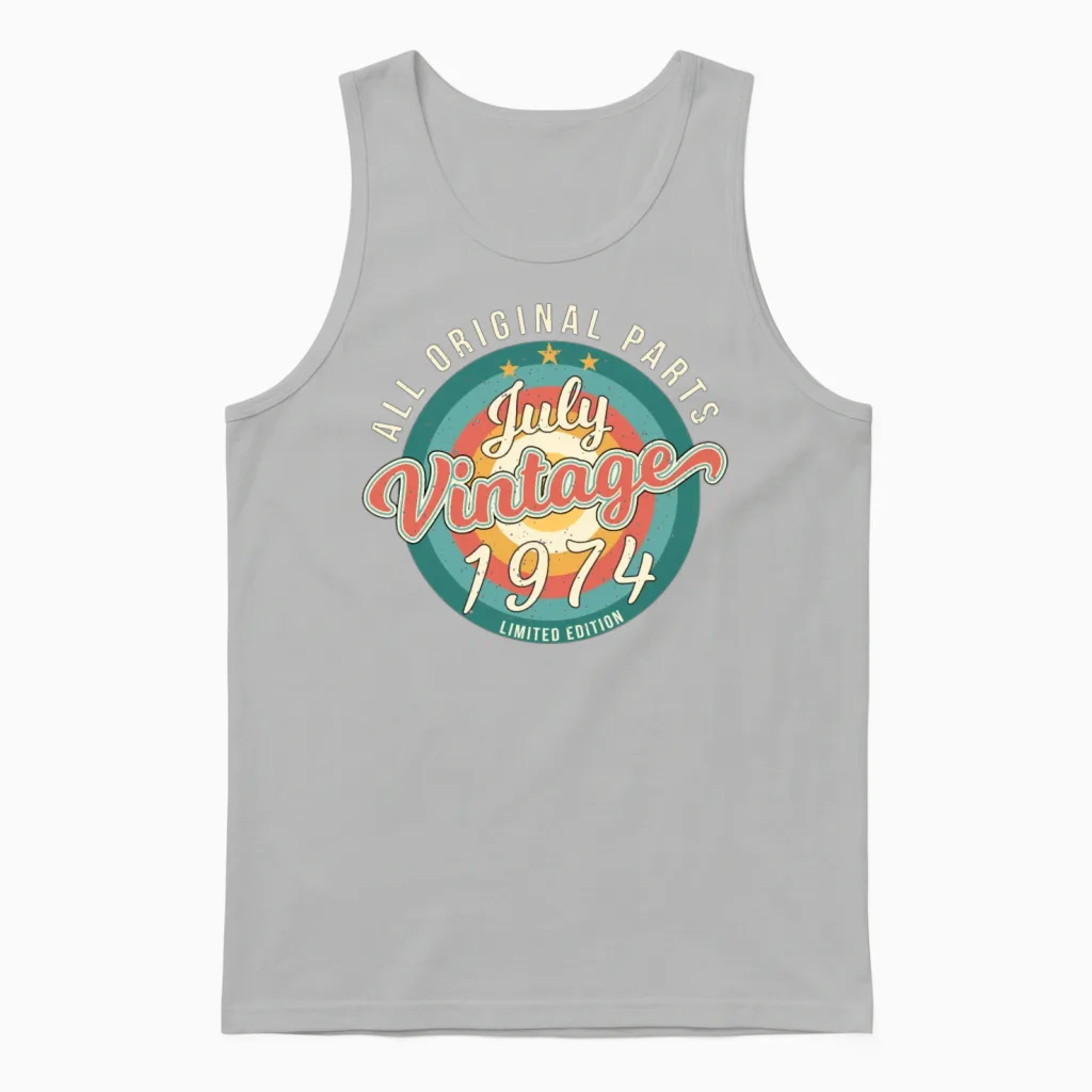 Vintage 1974 July Unisex Tank Top in Ash