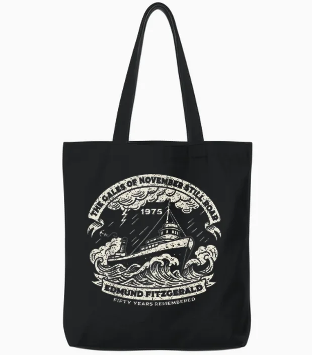 Edmund Fitzgerald Anniversary Great Lakes Maritime Memorial Tote Bags in Black