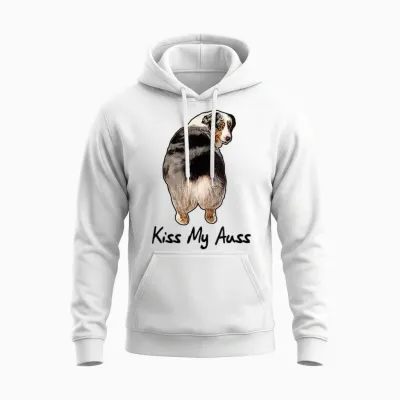 Funny Miniature Australian Shepherd Kiss My Auss Mini Aussie Unisex Hoodie - White