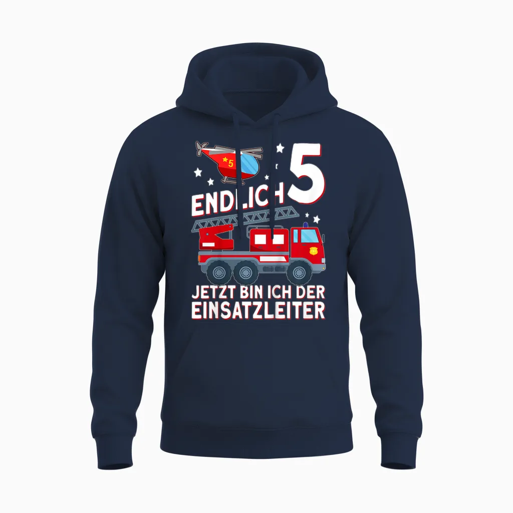 Endlich 5 Jetzt Bin Ich Einsatzleiter Kinder Feuerwehrmann Unisex Hoodie in Navy