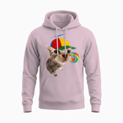 Silly Cat with Lollipop Meme T-Shirt, Black, S Unisex Hoodie - Light Pink