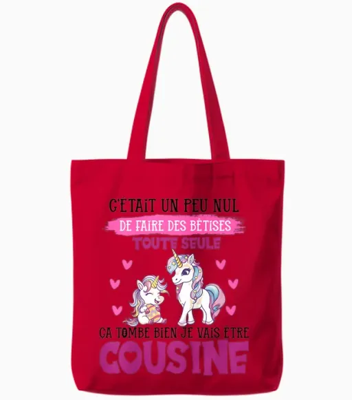 Child I Will Be Cousine Unicorn Announcement Future Cousine 2025 T-Shirt, White, 2 Tote Bags in Red