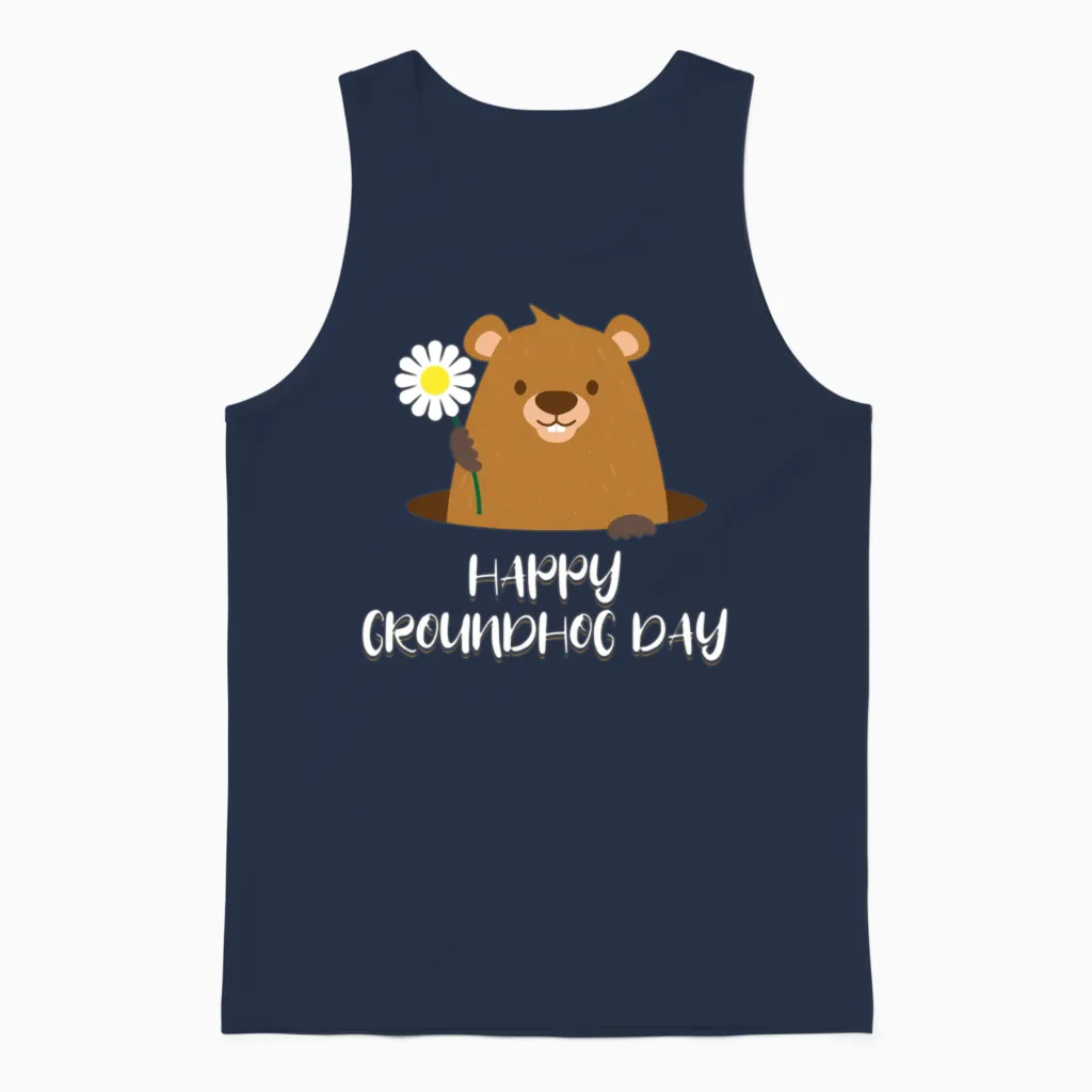 Woodchuck with Flower Happy Groundhog Day Unisex Tank Top in Navy