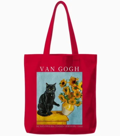 Van Gogh Black Cat with Sunflowers Funny Cat Meme Tote Bags - Red