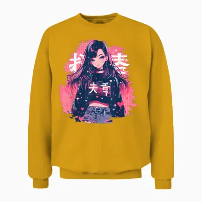 Anime Waifu Cute Manga Cat Girl Cute Retro Japanese T-Shirt, Black, S Unisex Sweatshirt - Gold