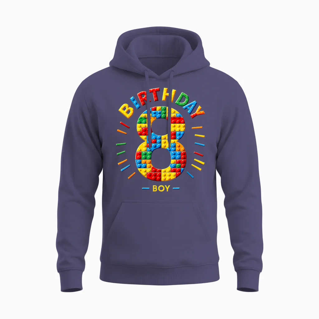 Master Builder 8th Birthday Boy 8 Eight Years Building Blocks T-Shirt, Black Unisex Hoodie in Heather Sport Dark Navy