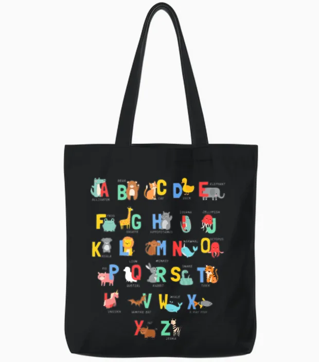 Animal Alphabet Funny Tote Bags in Black