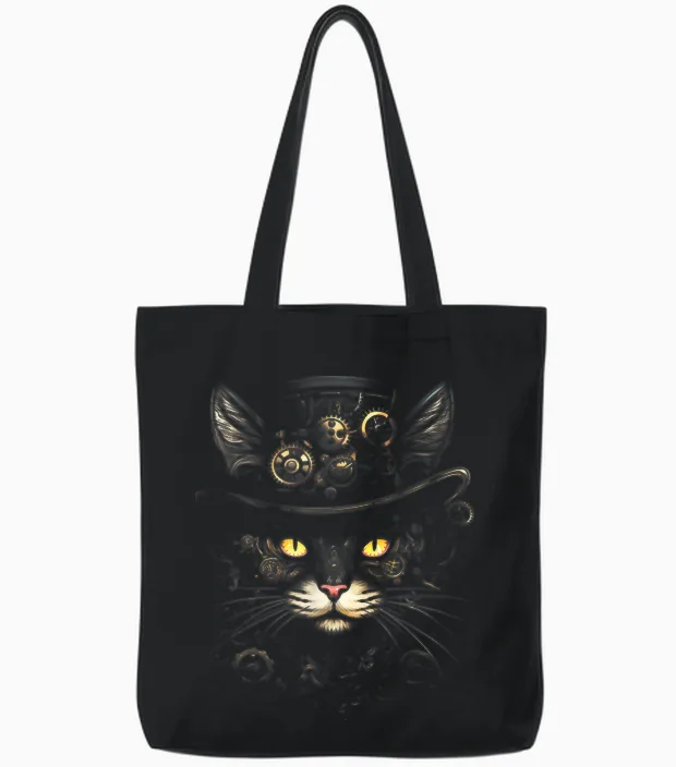 Steampunk Cat T-Shirt, Black Tote Bags in Black