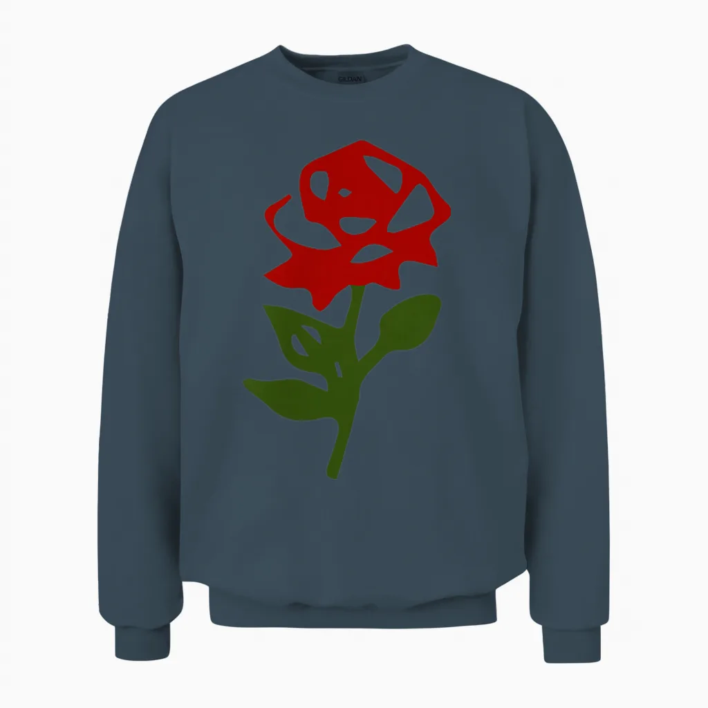 Minimalistische Kleine Rote Rose Mit Grünen Blättern Unisex Sweatshirt in Dark Heather