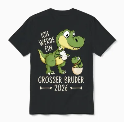 Children's Siblings Baby Dino I Will Be a Big Brother 2026 Unisex T-Shirt - Black