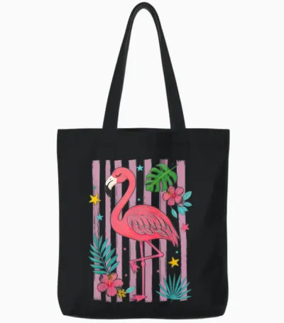 Motif Flamant Rose Tropical été Floral Rayé Plage Tote Bags - Black