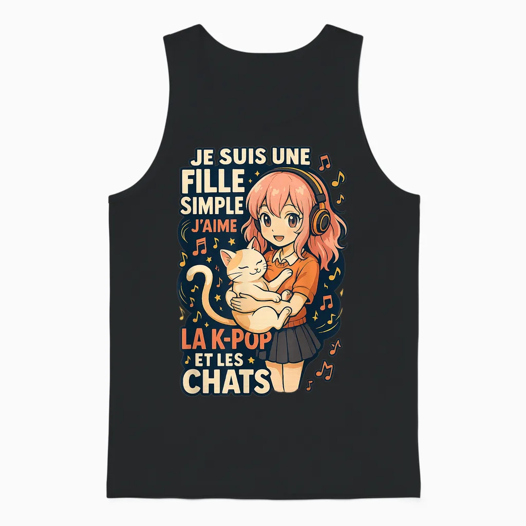 Girl K-Pop and Cats Manga Humor Music Cute T-Shirt, Black, S Unisex Tank Top in Black