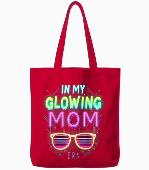 In My Glowing Mom Era Groovy Colorful Bright Tote Bags in Red