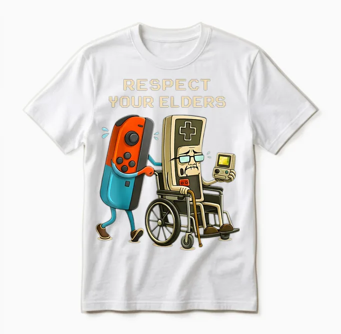 Respect Your Elder Funny Gamer Controller Vintage Style Unisex T-Shirt in White