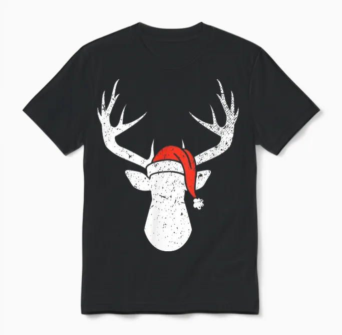Deer with Santa Hat Christmas Pajama Hunting Gift Unisex T-Shirt in Black