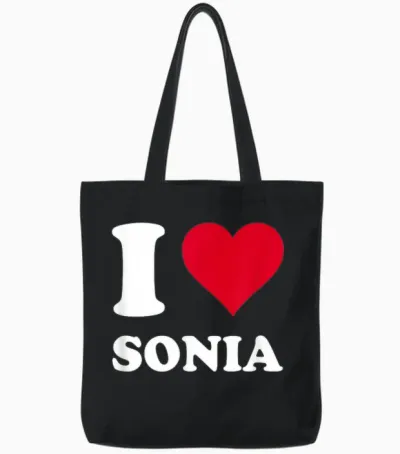 Red Heart J'aime Sonia T-Shirt, Black, S Tote Bags - Black