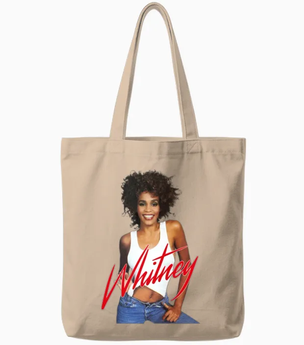 Whitney Houston Photo with Pink Nameplate Tote Bags in Natural