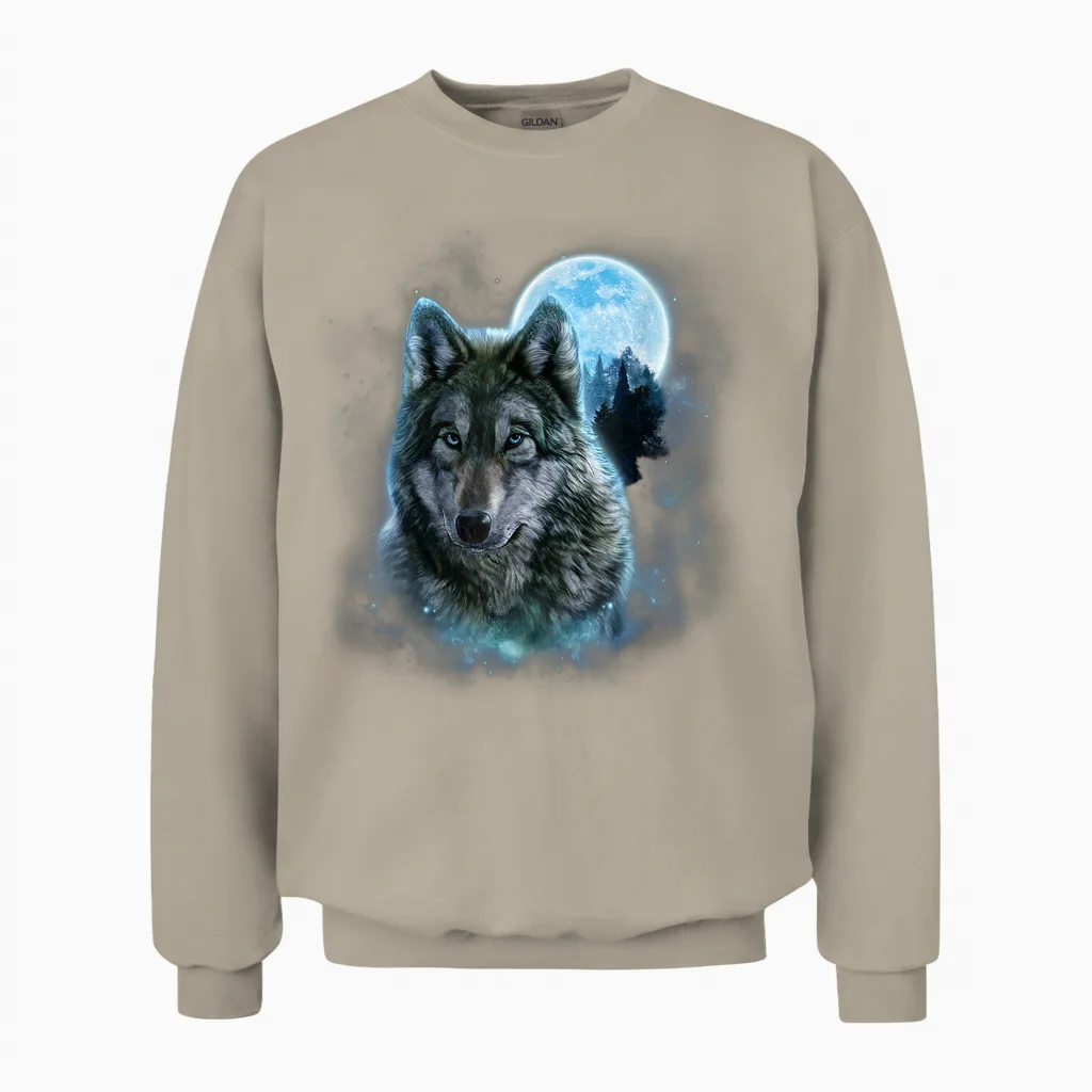 Grey Wolf Hunting Ground, Icy Moon, Forest, Galaxy Unisex Sweatshirt in Sand