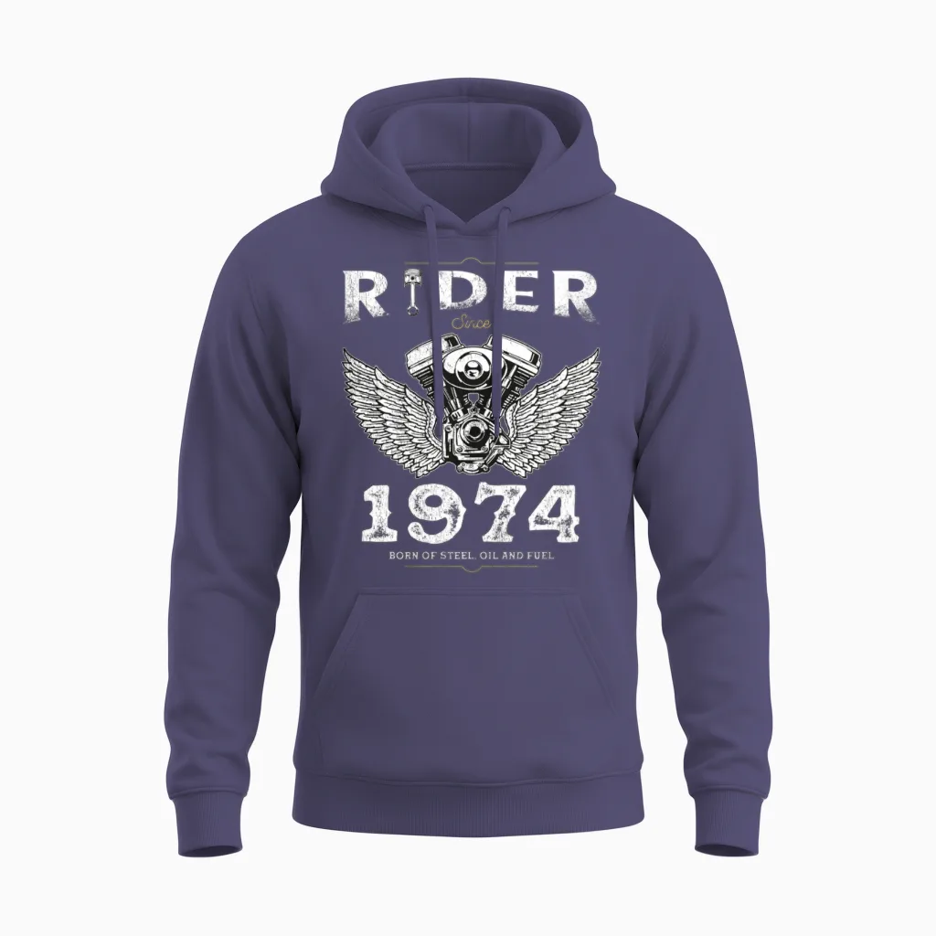 Rider Since 1974 - 51 Years, Fueled by Freedom Unisex Hoodie in Heather Sport Dark Navy