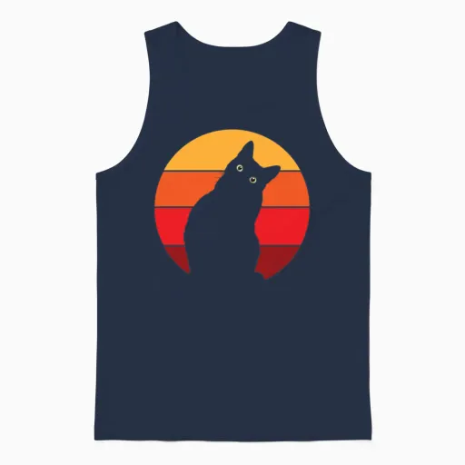 Vintage Retro 80s Curious Cute Cat on Sunset Unisex Tank Top in Navy