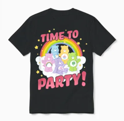 Care Bears Birthday Let's Party Vintage Rainbow Holiday Logo T-Shirt, Grey, S Unisex T-Shirt - Black