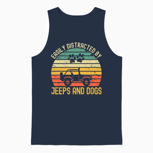 Easily Distracted by Jeeps and Dogs Vintage Jeeps Unisex Tank Top in Navy