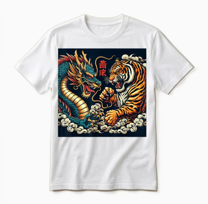 Japanese Dragon Vintage Fight Tiger Giant Asian Folklore T-Shirt, Black, S Unisex T-Shirt in White
