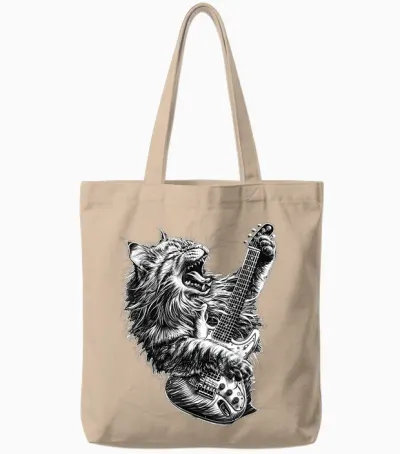 Music Cat Jamming with a Passion for Guitar and Rock T-Shirt, Black, S Tote Bags - Natural