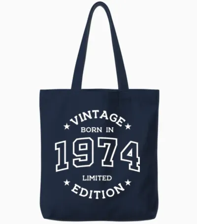 Born in 1974 - Retro Style Print White Tote Bags - Navy