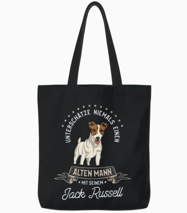 Unterschätze Niemals Einen Alten Mann Mit Seinem Jack Russel Tote Bags in Black