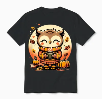Cute Owl with Autumn Print Pullover T-Shirt, Black, S Unisex T-Shirt - Black