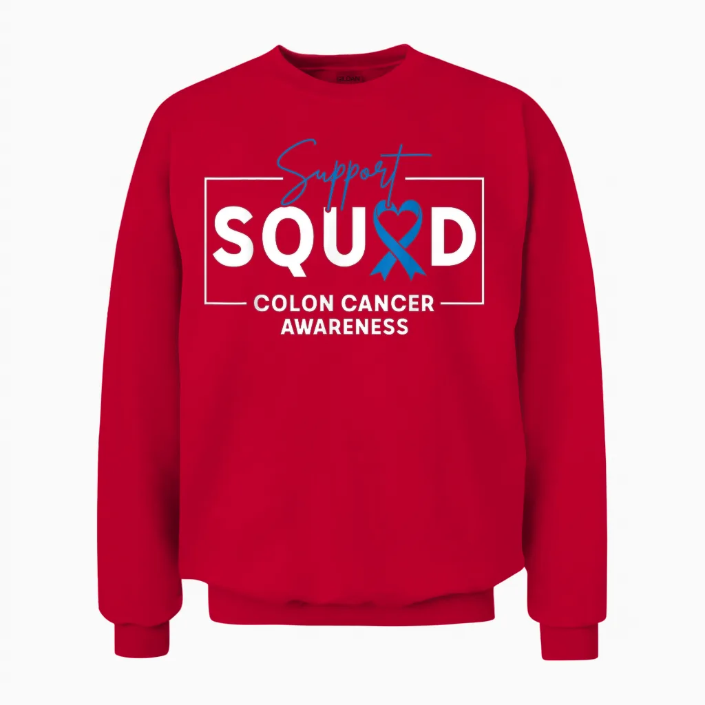 Support Squad Colorectal Colon Cancer Awareness Blue Ribbon Unisex Sweatshirt in Red