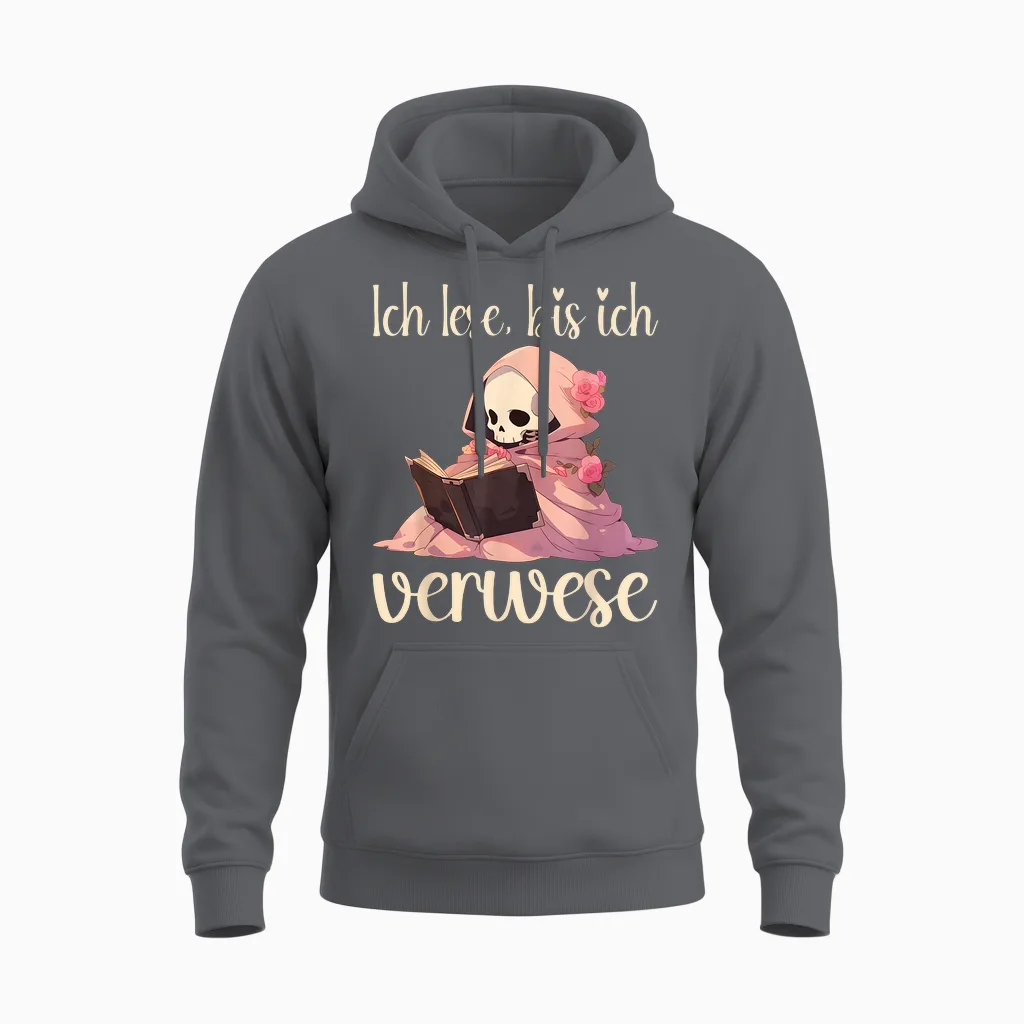 Roman Lover Booknerd T-Shirt with German Text "ich Lese, Bis Ich Gewese", Black Unisex Hoodie in Charcoal