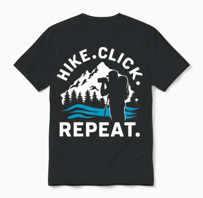 Hiking Photographers Hike Click Repeat Outdoor Unisex T-Shirt in Black