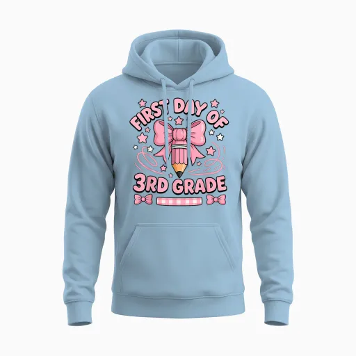 First Day of 3rd Grade Pink Pencil Bow Girl Back to School Unisex Hoodie - Light Blue