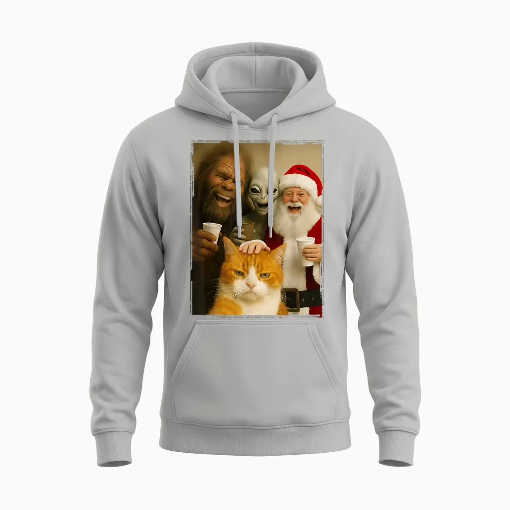 Cat Selfie with Bigfoot, Alien & Santa, Funny Christmas Unisex Hoodie in Ash