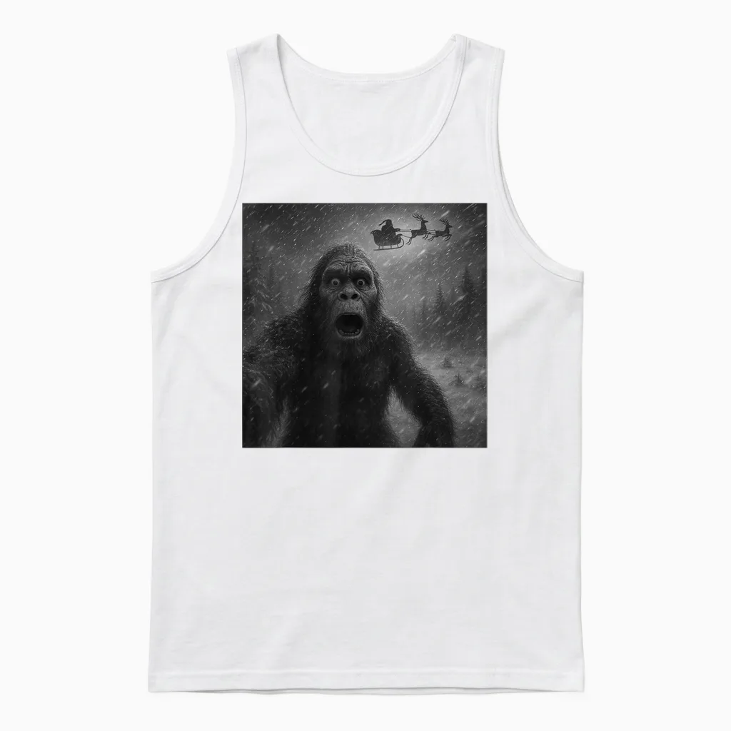 Funny Bigfoot Sasquatch Selfie Santa Claus Xmas Christmas Unisex Tank Top in White