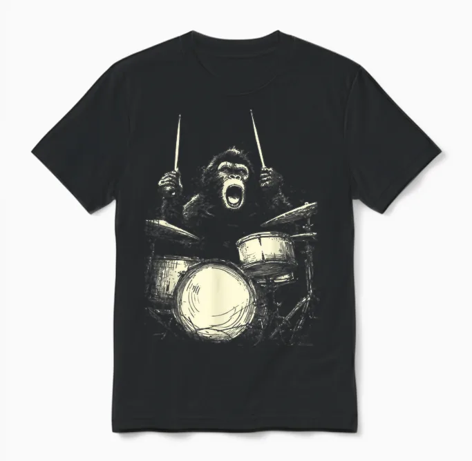 Chimp Playing Drums Funny Music Animal Drummer Unisex T-Shirt in Black