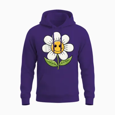 A Funny Flower with Face and Leaves Cheerful Flowers T-Shirt, Black, S Unisex Hoodie - Purple
