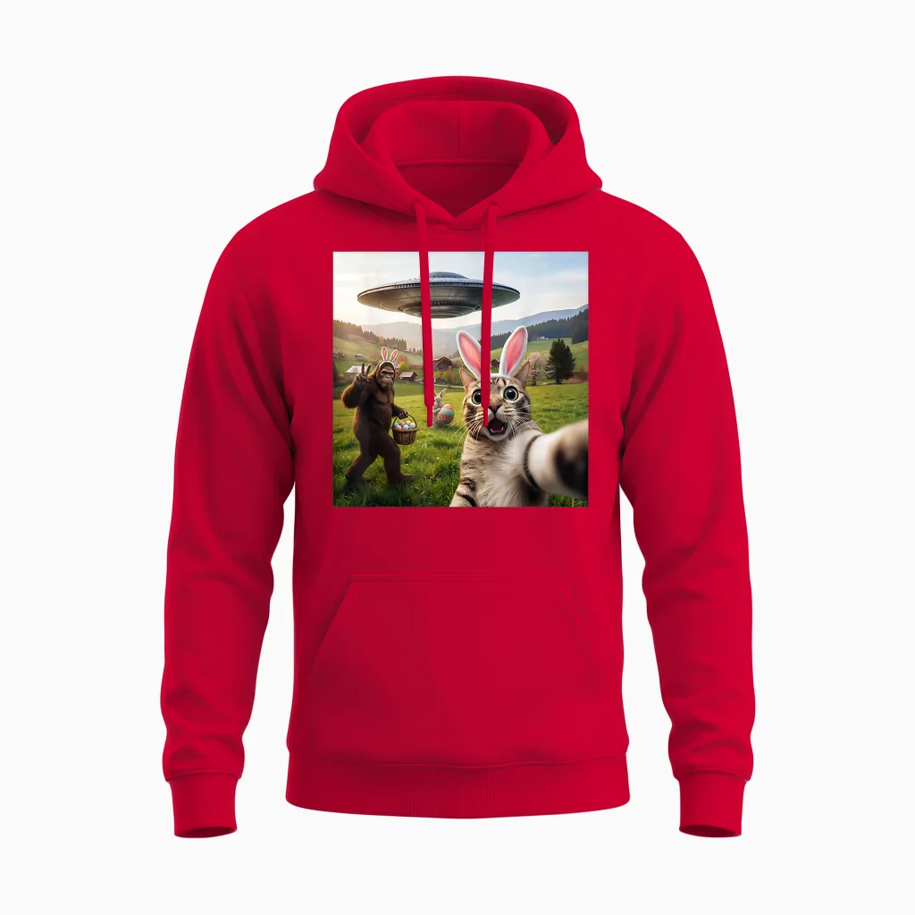 Lustiges Katzen-Selfie Mit Osterhase Bigfoot Ufo Für Männer Frauen Unisex Hoodie in Red