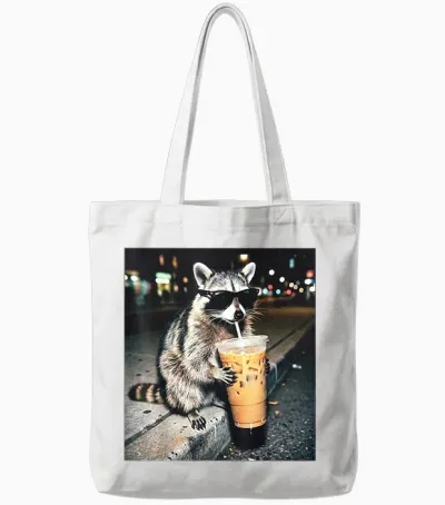 Funny Raccoon Drinking Milk Cute Animal Selfie Tote Bags - White