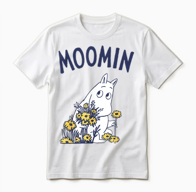 Moomin Moomintroll Floral T-Shirt, White Unisex T-Shirt in White