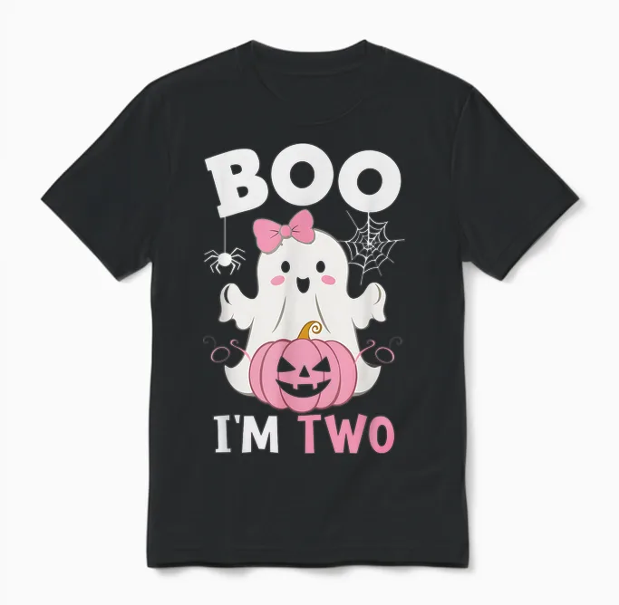 Ghost Boo I'm Two Year 2nd Birthday Girls Halloween Groovy Unisex T-Shirt in Black