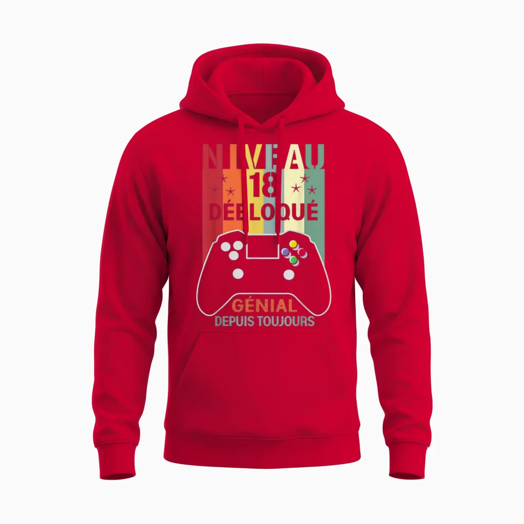 Level 18 Unlocked Funny 18th Birthday Gamer Gift T-Shirt, Black, S Unisex Hoodie in Red