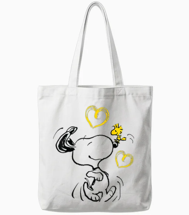 Peanuts - Snoopy Woodstock T-Shirt with German Text "ich Laufe Zu Dir Ich, Black, S Tote Bags in White