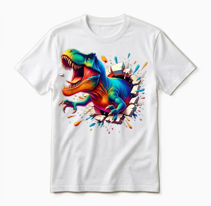 Colourful Dino Cool Tyrannosaurus Rex Dinosaur Unisex T-Shirt in White