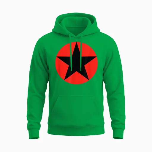 Five-Pointed Black Star on Red Circle Unisex Hoodie in Irish Green