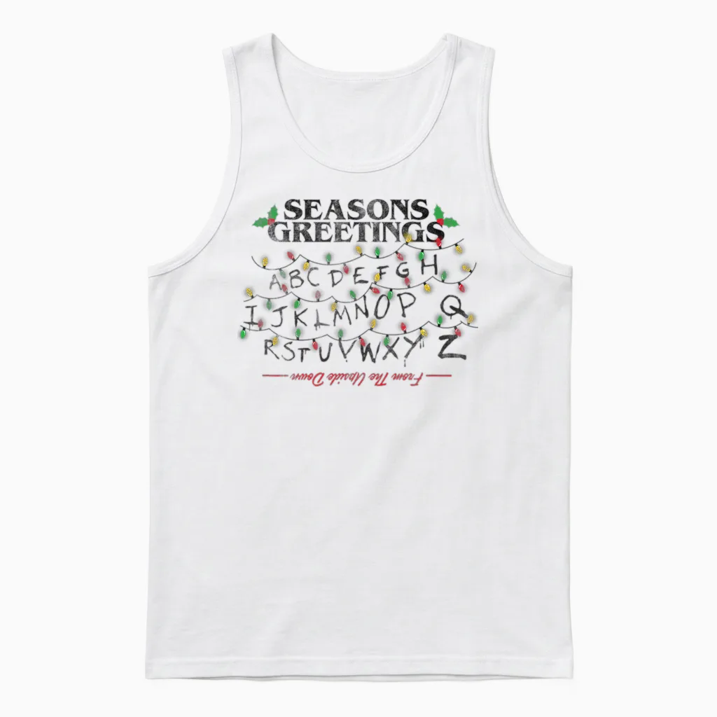 Stranger Things Christmas Greetings Upside Down Distressed Unisex Tank Top in White