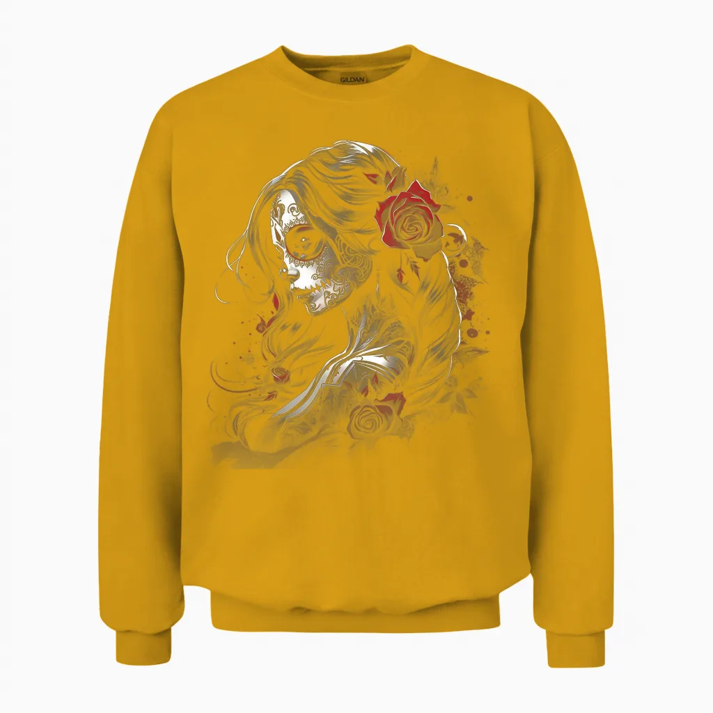 Tag Der Toten Zuckerschädel Kunst Rose Mexikanisch Damen T-Shirt, Schwarz, S, Kurzarm, Kunstvolle Designs Und Klassischer Schnitt Unisex Sweatshirt in Gold